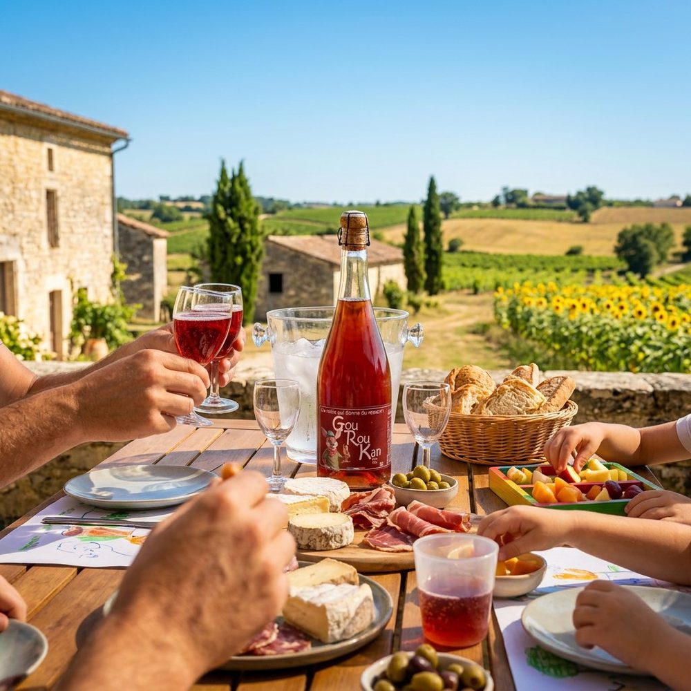 Une table de famille en terrasse au domaine, une bouteille de GouRouKan au centre et des mains d'enfants qui piochent dans les fruits
